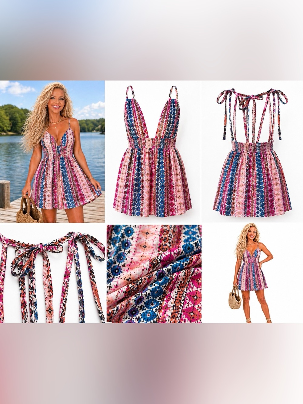 Boho Tie Strap Mini Dress | Open Back | Smocked Waist | Tribal Print | SIZE S